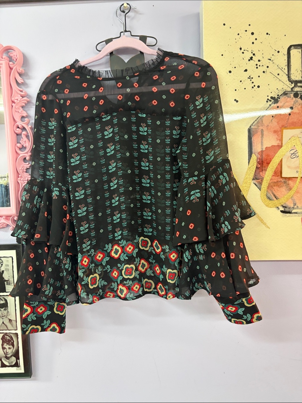 Buffalo David Bitton Black Floral Sheer Ruffle Blouse